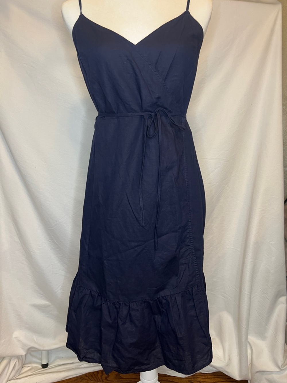 GAP Navy Spaghetti-Strap Tie-Waist Wrap MIDI Dress Size S